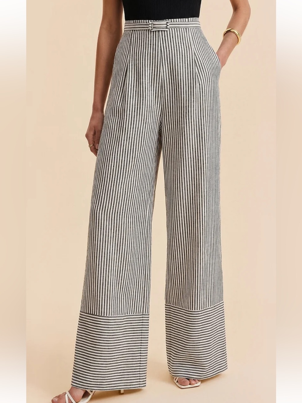 Commense Belted Striped Wide-Leg Pants